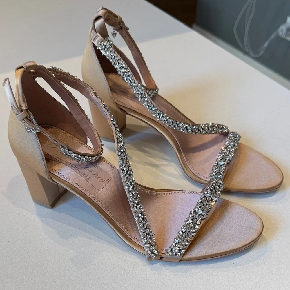 Pnina Tornai for Naturalizer Ahava Crystal-Embellished Tan Heels, Size 9.5W
